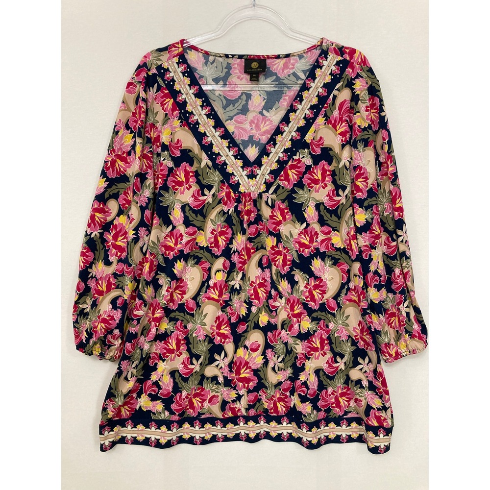 JM Collection V-Neck Blouse XXL Multi Floral Rhinestone 3/4 Sleeve Stretch Knit‎